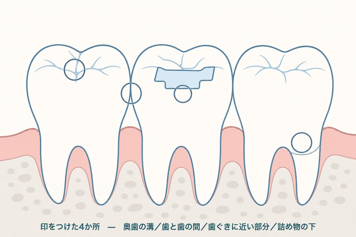 虫歯ができやすい場所（奥歯の溝・歯と歯の間・歯ぐきに近い部分・詰め物の下）を示した模式図