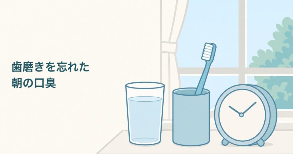 朝の洗面台に置かれたコップと歯ブラシ、時計を描いた記事のアイキャッチ画像