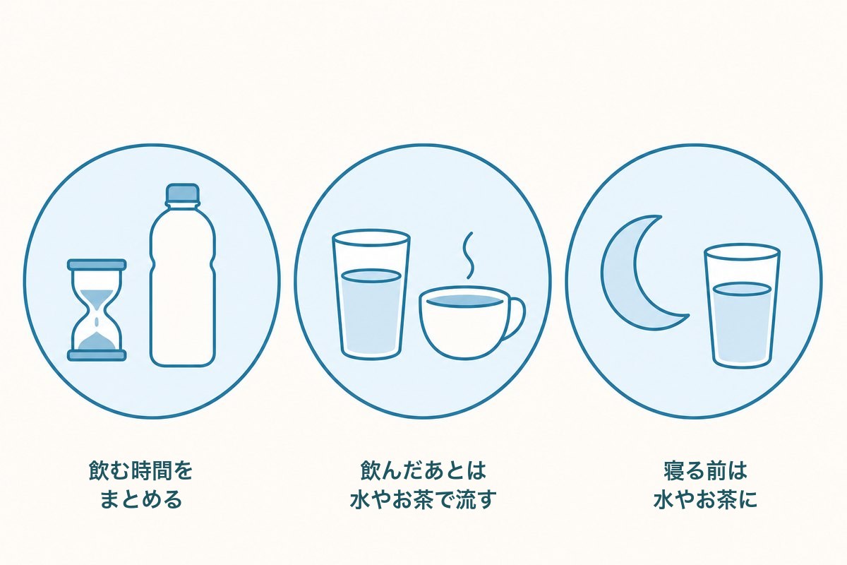 飲み方で変えられる3つの工夫（飲む時間をまとめる・飲んだあとに水やお茶で流す・寝る前は水やお茶にする）を並べた図